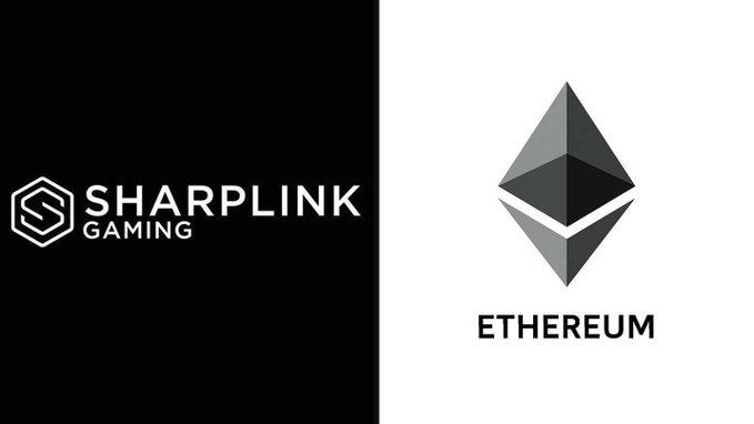 The image displays the logos of SharpLink Gaming and Ethereum side by side, visually representing the company's significant Ethereum treasury operations. This aligns with the announcement that SharpLink ($SBET) is staking $200M of its ETH holdings into Lido Finance, reinforcing its position as one of the largest publicly traded Ethereum treasury companies.