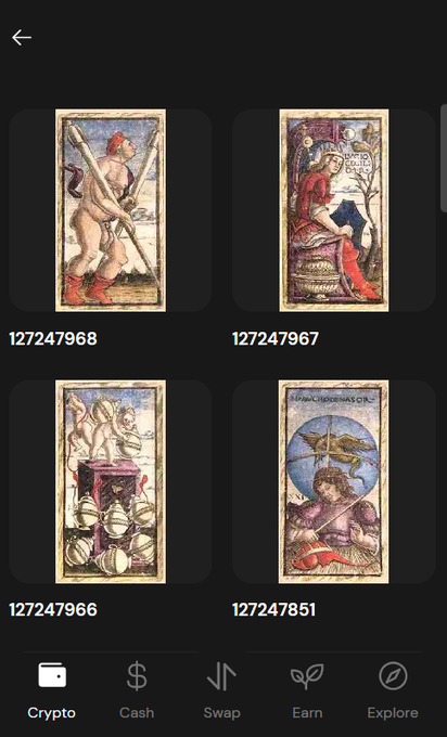 Four Renaissance-style tarot cards are displayed with their corresponding token IDs (127247968, 127247967, 127247966, and 127247851), representing the winning NFTs from the giveaway to @Darcknight55 and @Hando_Punk.