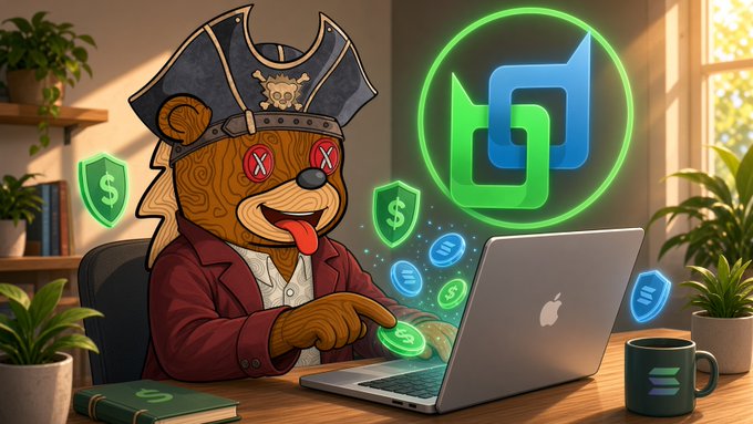 A cartoon illustration depicts a brown bear dressed as a pirate with an eyepatch and tricorne hat, sitting at a desk with an Apple laptop while green dollar-sign shields and coins float around, accompanied by a glowing green logo.