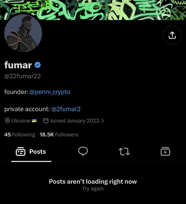 A Twitter/X profile for 'fumar' (@22fumar22), identified as founder of @penni_crypto, based in Ukraine, with 18.5K followers and 45 following.