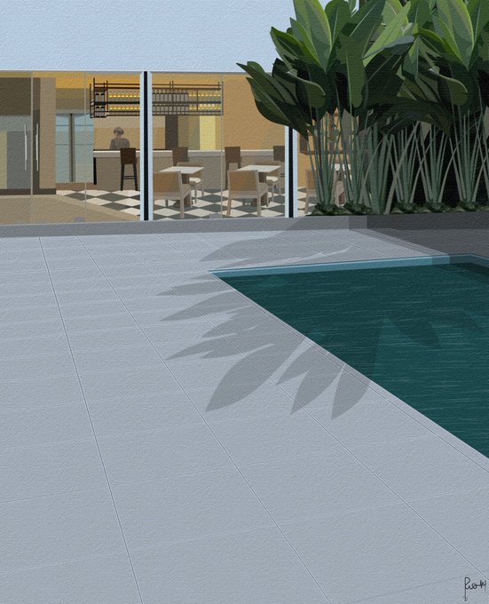 A stylized illustration of a modern villa with a pool in the foreground, showing a tiled patio casting leafy shadows, with the interior visible through large windows where a figure sits at a bar area.