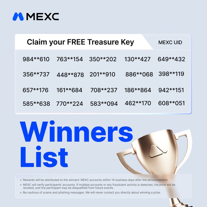 The image is a MEXC "Winners List" graphic showing partially masked UIDs (such as 984\*\*610, 763\*\*154, 350\*\*202) of participants who won a free Treasure Key, accompanied by a gold trophy and notes that rewards will be distributed to winners' accounts within 14 business days and warning against scams.