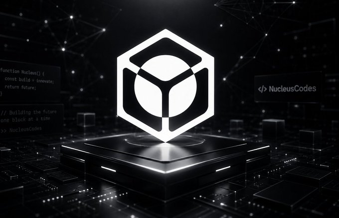 A dark, futuristic graphic showcasing the NucleusCodes logo (a cube with a sphere inside), accompanied by code snippets and the text 'Building the future one block at a time'.