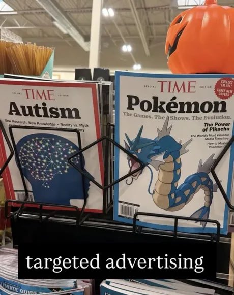 A store magazine rack displaying TIME Special Edition magazines about "Autism" and "Pokémon: The Games. The Shows. The Evolution," with the caption "targeted advertising" overlaid at the bottom.