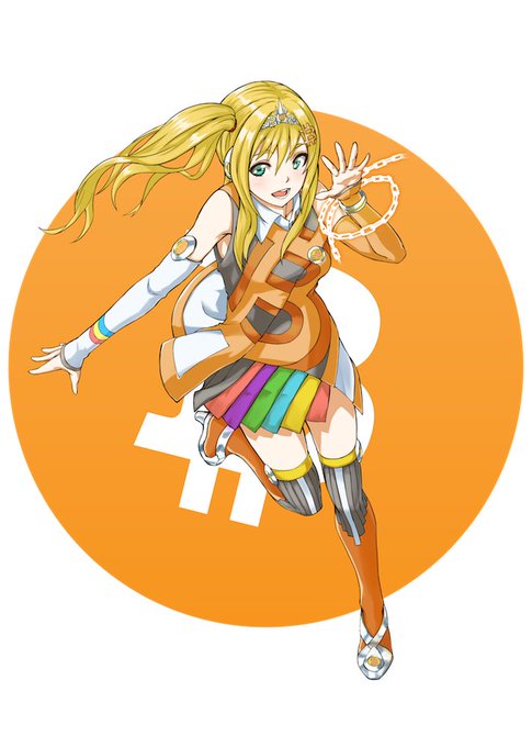 An anime-style illustration of a blonde female character with a ponytail, wearing an orange and white outfit with a rainbow-striped skirt, set against an orange circle with a white "f" logo.