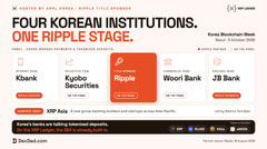 News article from 3 September titled 'FOUR KOREAN INSTITUTIONS, ONE RIPPLE STAGE,' featuring logos for Kbank, Kakao Securities, Ripple, Woori Bank, and JB Bank, discussing KBank's fundraising and Ripple partnership.