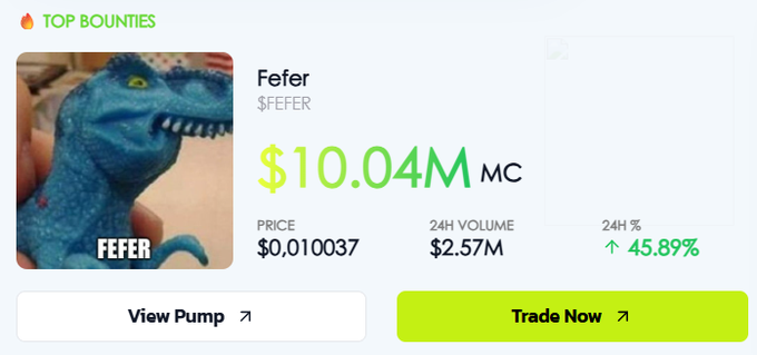 A crypto trading interface displays the FEFER token as a "Top Bountie" with a market cap of $10.04M, a price of $0.010037, 24-hour volume of $2.57M, and a 45.89% price increase, aligning with the post's excitement about FEFER reclaiming the $10M mark and speculating on potential further gains to $50M or $100M.