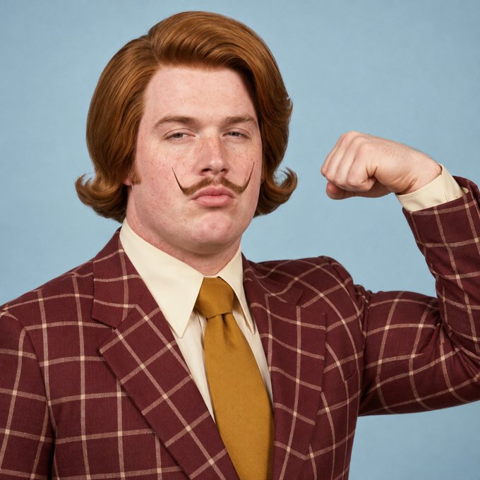 A man with a reddish-brown wig, curled handlebar mustache, and a maroon plaid suit jacket flexing his arm in a portrait style photo.