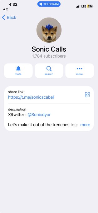 A screenshot of a Telegram channel profile named "Sonic Calls" shows 1,784 subscribers and includes the share link "https://t.me/sonicscabal" with a description linking to the X/Twitter account "@Sonicdyor."