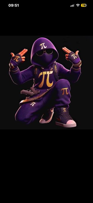 A purple-hooded character with the π (Pi) symbol and sunglasses, holding finger guns and a gun on a chain, on a phone screen.