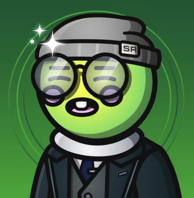 The image features a cartoon character wearing glasses and a hat with the letters "SR" written on it. The character appears to be dressed in a suit, giving them an air of sophistication or professionalism. They are standing against a green background that has a pattern resembling circles. There is also text present in the image, which reads: "Show some love to @sweet_on_x He picked up this beautiful Celestial Peaky @SpaceRidersXYZ for 0.35 ETH the other day. A very unique and rare Rider, and a great addition to the portfolio. Great to see so many above-floor sales happening lately". The character's attire and the text in the image suggest that they might be a collector or an enthusiast of Celestial Peaky riders, which are known for their unique designs and high-quality craftsmanship.