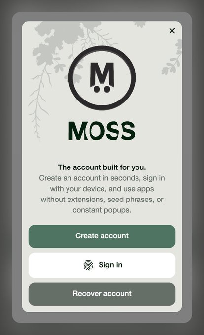A MOSS login/account creation modal displaying 'The account built for you' tagline with options to Create account, Sign in, or Recover account.