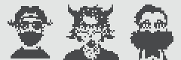Three stylized black-and-white character avatars, including one with horns, are displayed in pixel/voxel style.