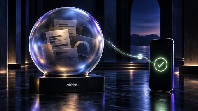 Futuristic scene showing a glowing crystal ball containing documents and charts sitting on a pedestal labeled 'midnight', with a stream of light connecting to a smartphone displaying a checkmark.