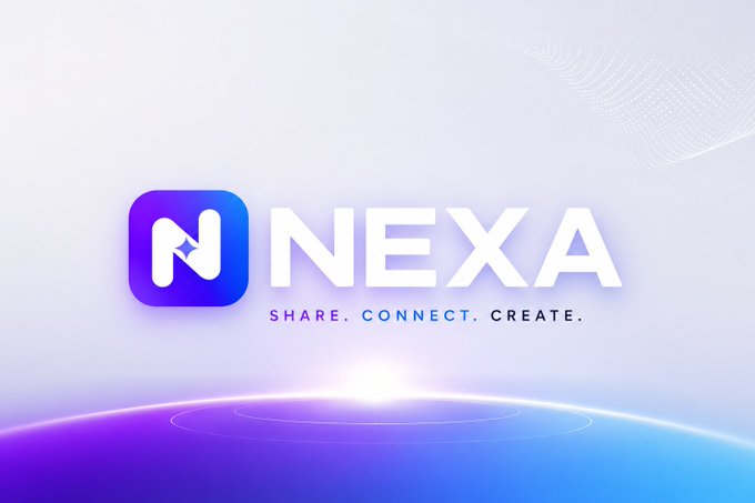 The image is a sleek promotional graphic featuring the NEXA logo—a stylized purple "N" in a rounded square icon—accompanied by the tagline "SHARE. CONNECT. CREATE." set against a soft white and blue gradient background with a futuristic glow. This visually introduces NEXA as a next-generation social platform for creators and communities, aligning with the post's announcement of its upcoming launch at nexaia.life.