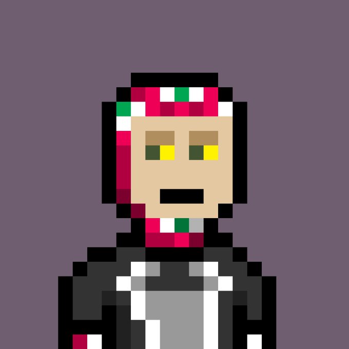 A pixel art portrait of a character with dark skin, yellow eyes, wearing a pink and green patterned headband and scarf, set against a purple background.