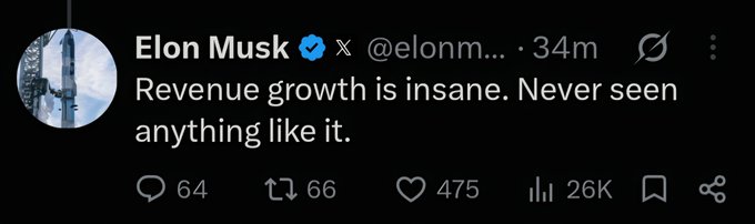 A tweet from Elon Musk @elonm... posted 34 minutes ago stating 'Revenue growth is insane. Never seen anything like it.'