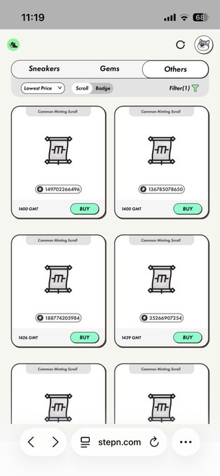 The image shows a mobile marketplace listing page for "Common Minting Scroll" items, with prices displayed in GMT currency: 1400 GMT (16970266496), 1400 GMT (136785078650), 1426 GMT (188772020984), and 1429 GMT (33266907254), all available to buy. This listing page with varying high GMT prices visually supports the post's concern about the Common Minsk scroll's price having risen significantly.