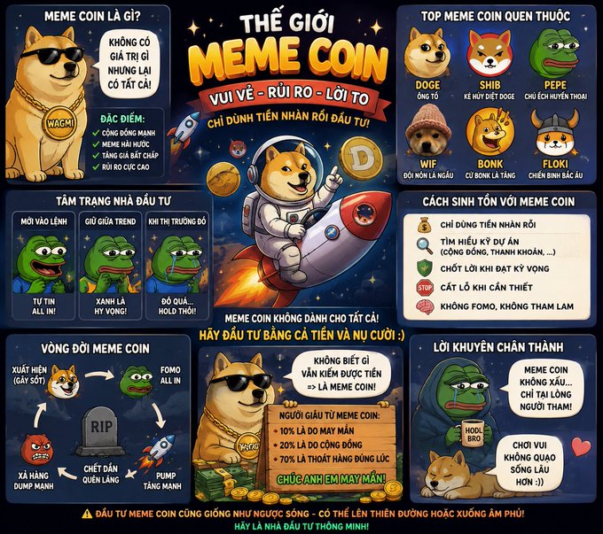 An infographic in Vietnamese titled "THẾ GIỚI MEME COIN" illustrates cryptocurrency meme coins using cartoon characters like Doge, Shiba, and Pepe, with sections explaining features and survival methods.