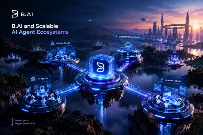 A futuristic promotional graphic for 'B.AI and Scalable AI Agent Ecosystems' showing a glowing blockchain network with nodes labeled AI Agents, Multiple Agents, Blockchain Coordination, and Scalable Growth.