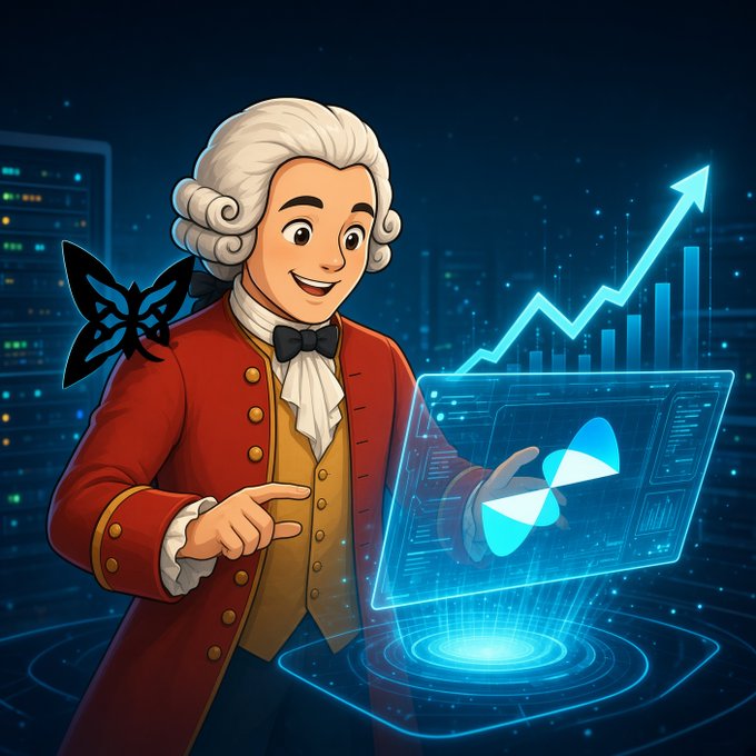 A cartoon illustration of a historical figure in a powdered wig and red coat interacting with a futuristic holographic display showing an upward trending chart and a butterfly icon.