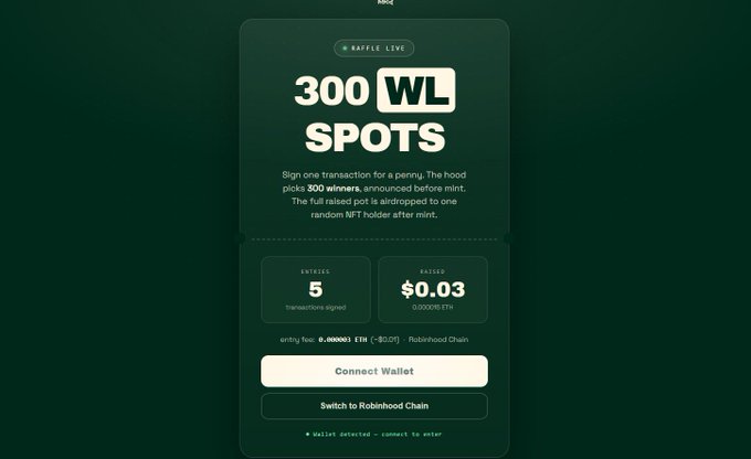 A promotional graphic for a raffle event on Robinhood Chain, offering "300 WL SPOTS" with an entry fee of $0.00003 ETH ($0.03 raised from 5 entries signed), inviting users to connect their wallet to participate. The "Switch to Robinhood Chain" option reflects the post's curiosity about whether the blockchain can handle the event.