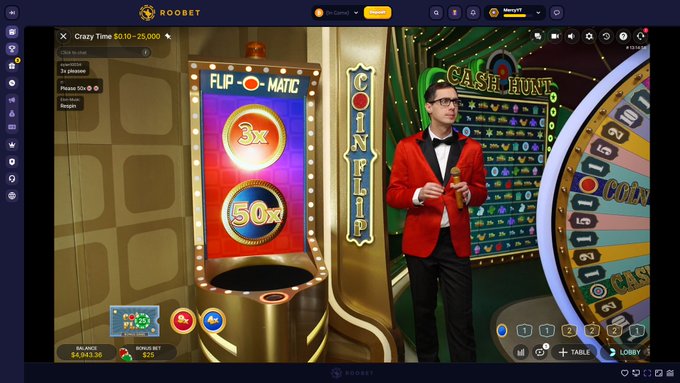 A screenshot of the Roobet online casino platform showing a 'Cash Hunt' game and a 'Flip-O-Matic' 'Coin Flip' game with multipliers of 3x and 50x, featuring a live dealer in a red jacket.