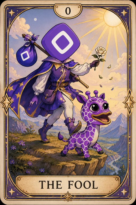 The image features a purple-themed tarot card with a cartoon character dressed as a princess, holding a flower and walking up a mountain. The card has a message that reads "the fool" at the bottom. The post also mentions that this card symbolizes good fortune for @monad and the holder of $MON.