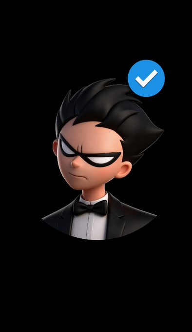 A 3D cartoon avatar of a man in a tuxedo with a black bow tie and an intense, narrowed-eye expression, with a blue checkmark icon next to his head on a black background.