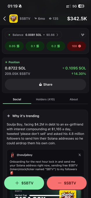 A crypto trading app screenshot showing a $SBTV token position with a $342.5K value, trending due to Soulja Boy's tweet about an airdrop.