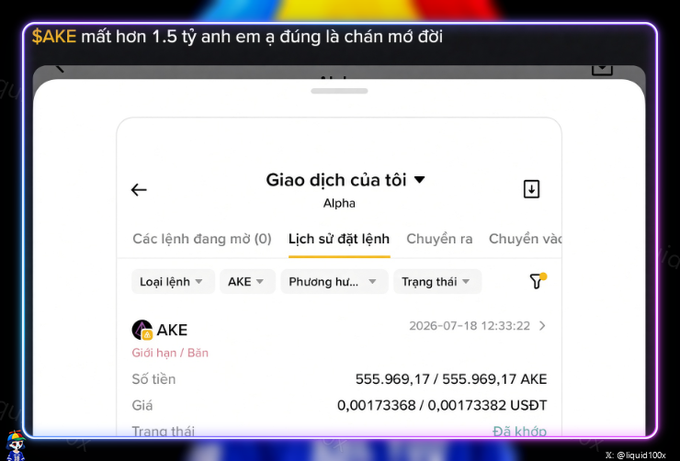 A Vietnamese trading interface screenshot showing a transaction for AKE token (555,969.17 units at 0.00173368 USDT), with text overlay in Vietnamese about $AKE losing over 1.5 billion in value.