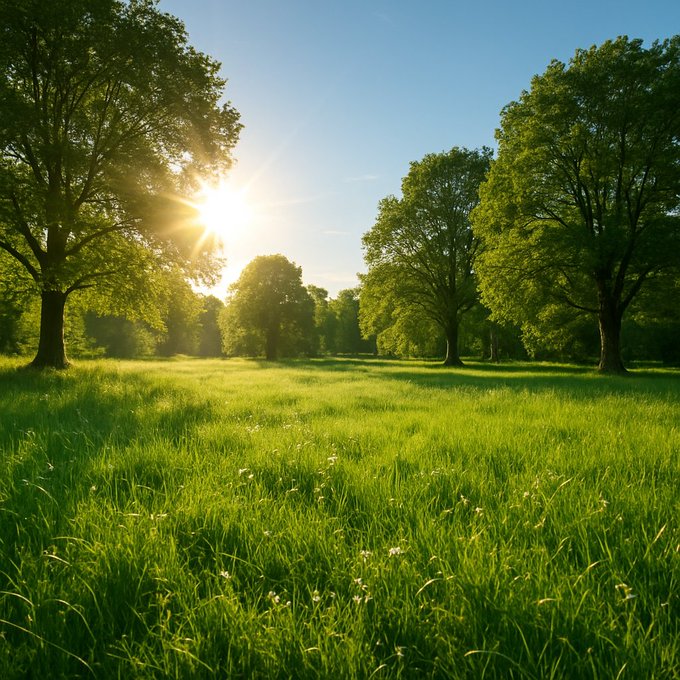Sunlight filters through large green trees onto a vibrant, grassy meadow under a clear blue sky.