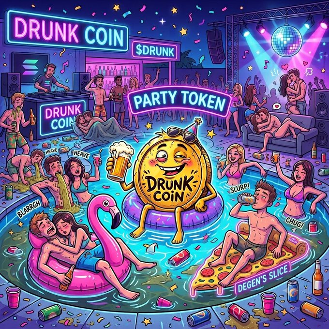 Colorful cartoon-style illustration labeled 'DRUNK COIN PARTY TOKEN' depicting a chaotic pool party with a central smiling gold coin character holding a beer, surrounded by people drinking and lounging on pool floats.