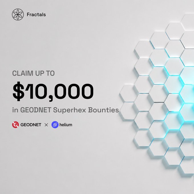 The image is a promotional graphic for Fractals announcing a bounty program offering up to $10,000 in GEODNET Superhex Bounties through a partnership with Helium, featuring a sleek design with hexagonal patterns on the right side and the Fractals, GEODNET, and Helium logos displayed alongside the "$10,000" headline.