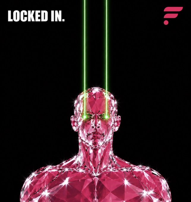 A pink crystalline humanoid figure with glowing green laser eyes shooting upward, with 'LOCKED IN.' text in the top left corner.