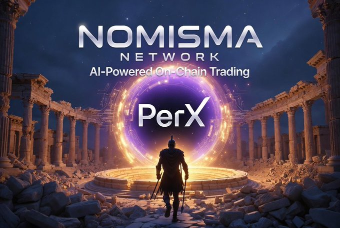 A warrior approaches a glowing portal displaying "PerX" amid ancient ruins, symbolizing the gateway to AI-powered trading on the Nomisma Network, where intelligent agents analyze markets and execute trades automatically. The imagery evokes entering a new frontier of algorithmic, on-chain trading possibilities.