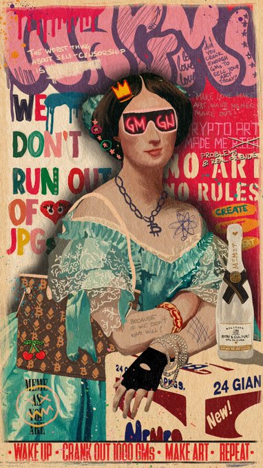 A mixed-media pop art collage featuring a woman with a crown and red sunglasses, surrounded by text including 'WE DON'T RUN OUT OF JPG', 'NO ART NO RULES', and 'CRANK OUT 1000 GEMS MAKE ART REPEAT'.