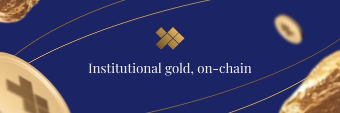 Marketing banner with gold coins on a navy background and the text "Institutional gold, on-chain" with a geometric X-shaped logo.