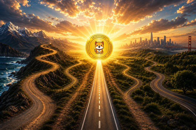 A dramatic landscape image featuring a golden Shiba Inu coin floating over a sunlit highway, flanked by mountains, ocean, and a city skyline with a red bridge.