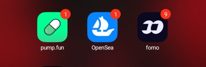 Three app icons on a red background: 'pump.fun' and 'OpenSea' each showing 1 notification, and 'fomo' showing 9 notifications.