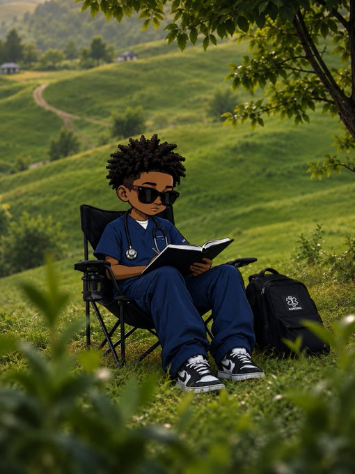 A cartoon-style illustration of a young Black medical professional wearing sunglasses and scrubs, reading a book while seated in a folding chair on a grassy hillside.