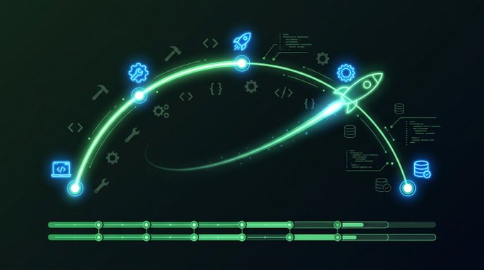 A digital illustration with neon green and blue accents depicting a glowing rocket trajectory arching across a dark background, surrounded by tech icons like gears, code symbols, and database cylinders, with progress bars below.