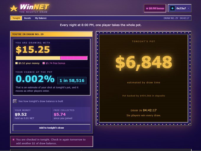 Screenshot of the WinNET 'The Nightly Draw' website showing a player is drawing with $15.25, with a 0.002% chance (1 in 58,516) at the $6,848 pot for draw no. 29.