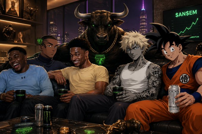 A group of five characters, including anime figures and live-action men, relax on a couch with energy drink cans, with a menacing bull behind them and a neon sign reading '$ANSEM' showing a rising graph, alongside a city skyline at night.