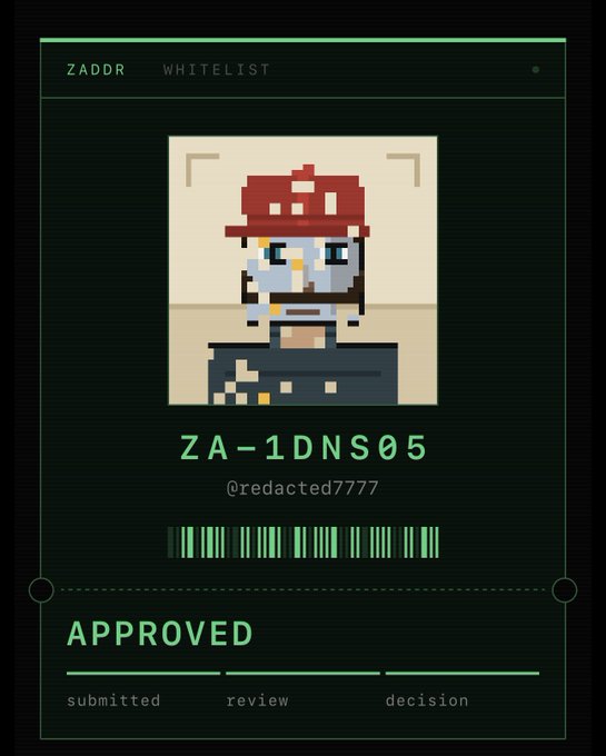 A digital 'ZADDR WHITELIST' approval card displaying a pixel-art character with a red hat, identifier 'ZA-1DNS05' by @redacted7777, marked as APPROVED with a barcode.