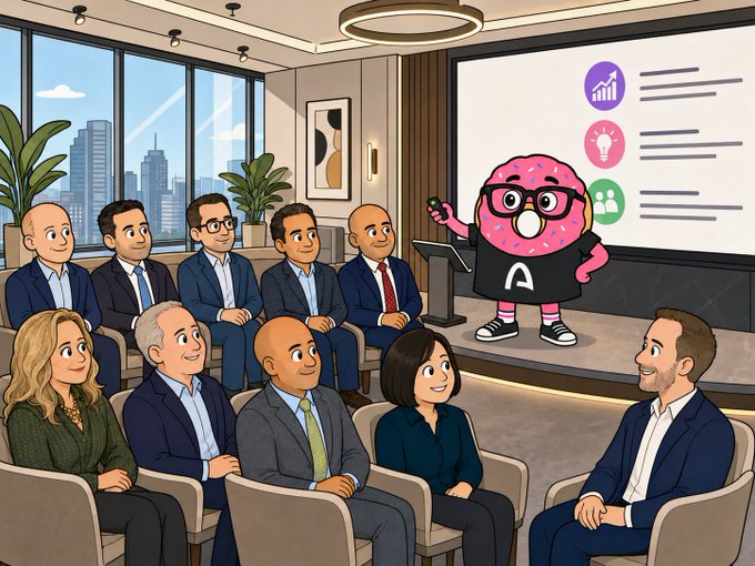A cartoon-style illustration depicts a pink donut mascot with glasses giving a presentation on a stage to an audience of business-attired attendees, with a slide showing chart and icons on the right.