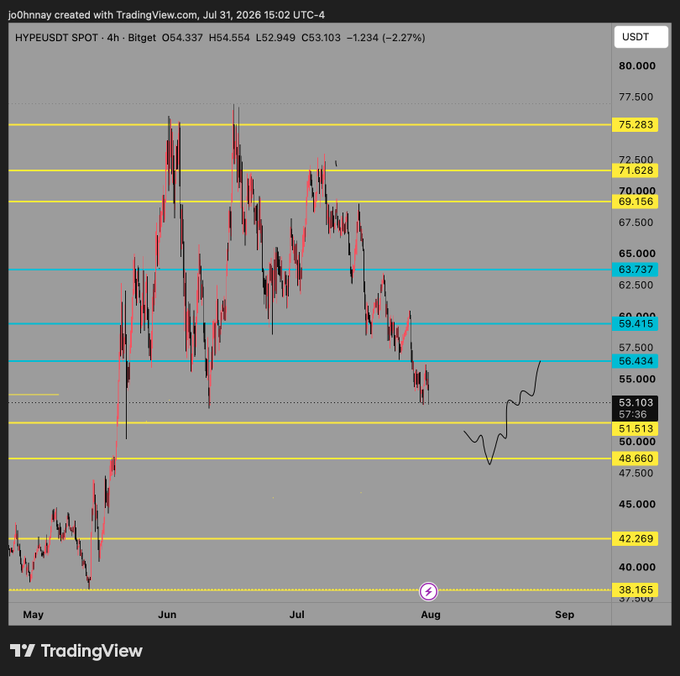 A TradingView 4-hour candlestick chart for HYPE/USDT on Bitget shows the price at $54.337, down 2.27%, with key support levels marked at $51.513 and $48.660 highlighted in yellow—reinforcing the post's claim that sub-$50 levels represent a strong mid-to-long-term buy and hold opportunity for $HYPE.