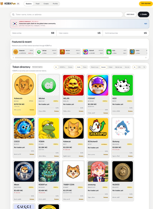 Screenshot of KOBX.fun website showing a token directory with various meme tokens like Kobecoin, Michat, WEJIN, FOXMAT, and KOD displayed in a grid.