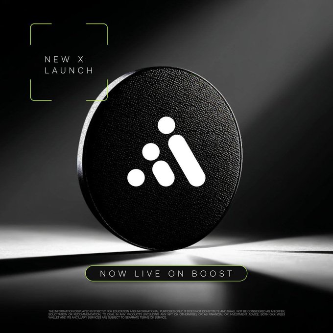 A promotional graphic for the "NEW X LAUNCH" featuring a black circular device with a stylized "A" logo, with the text "NOW LIVE ON BOOST" highlighted in green. The image aligns with an AIW3 X OKX Boost airdrop announcement offering a 400,000 USDT pool, highlighting the launch of the new token on the Boost platform.