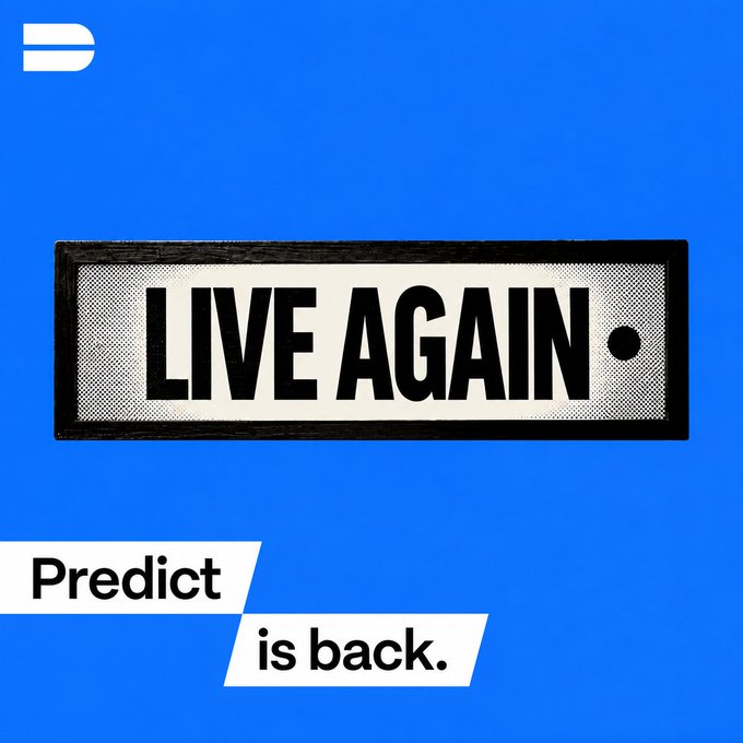 A bright blue promotional graphic for DeepBook Predict features a marquee reading “LIVE AGAIN •” and lower text stating “Predict is back.” It accompanies the announcement that DeepBook Predict trading is live with a 20% fee discount.